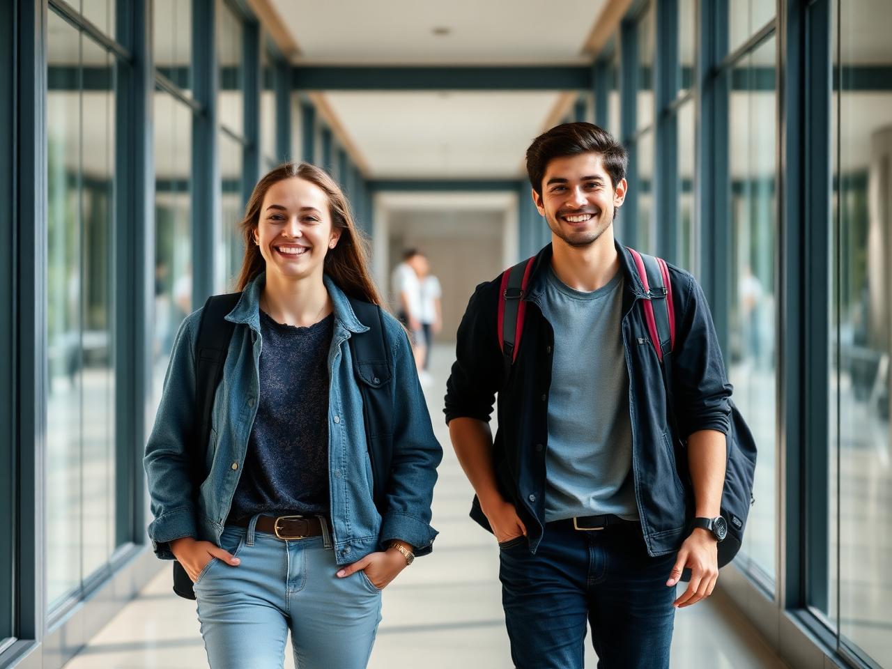 Two ATLAS College students walking through a modern campus corridor